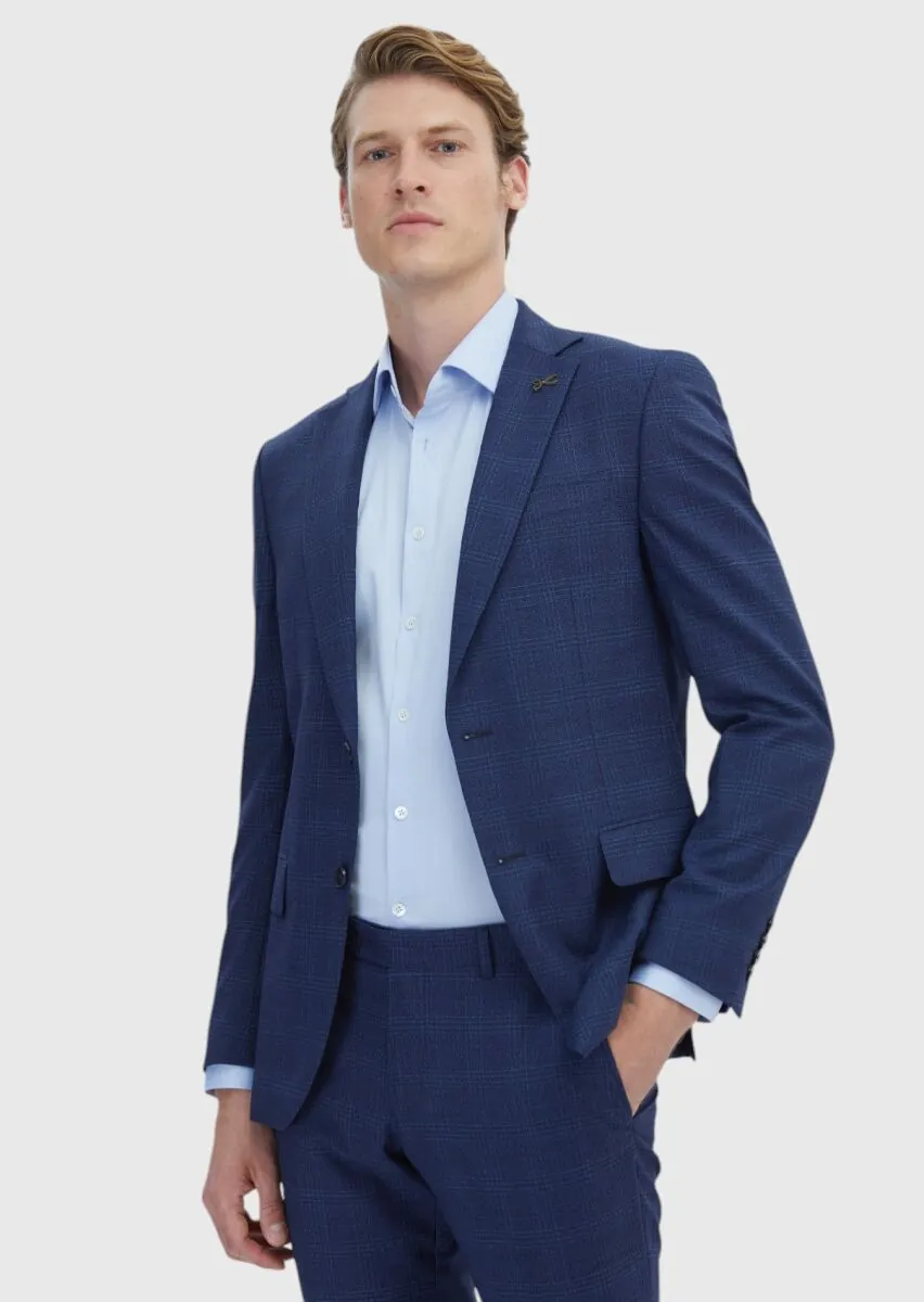 Navy Blue Checkered Modern Fit 100% Wool Suit - 3
