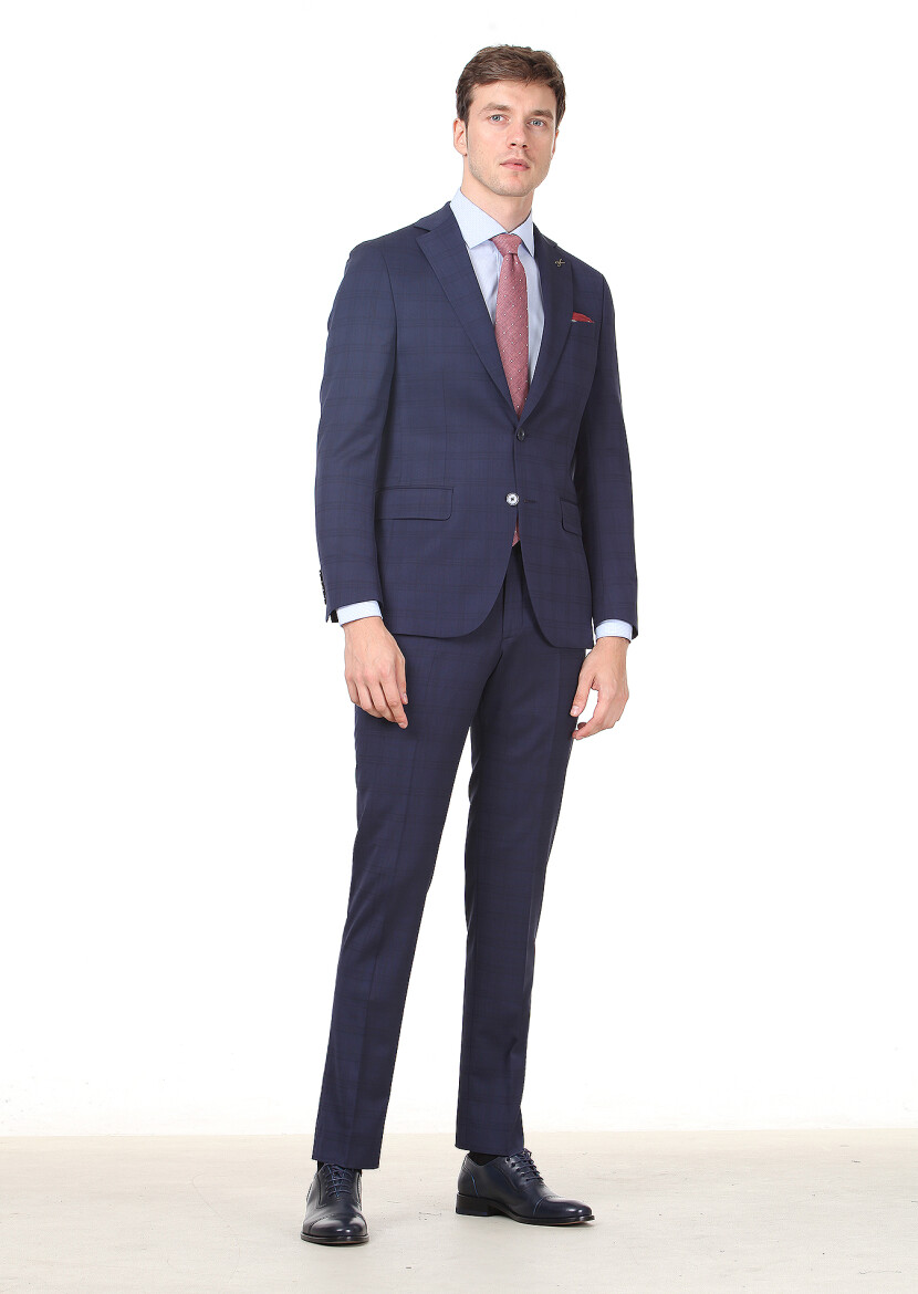 Navy Blue Checkered Modern Fit Wool Blended Suit - 1