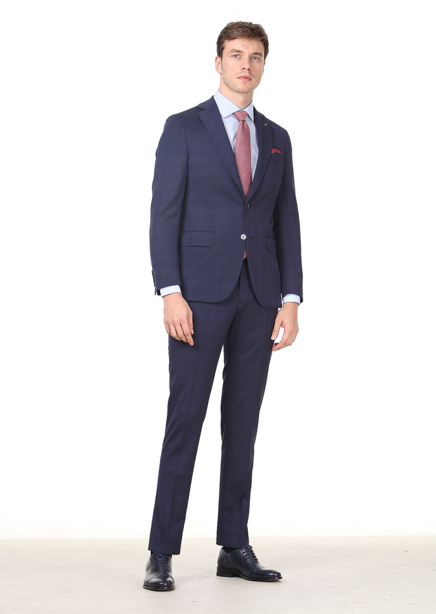 Navy Blue Checkered Modern Fit Wool Blended Suit - 1