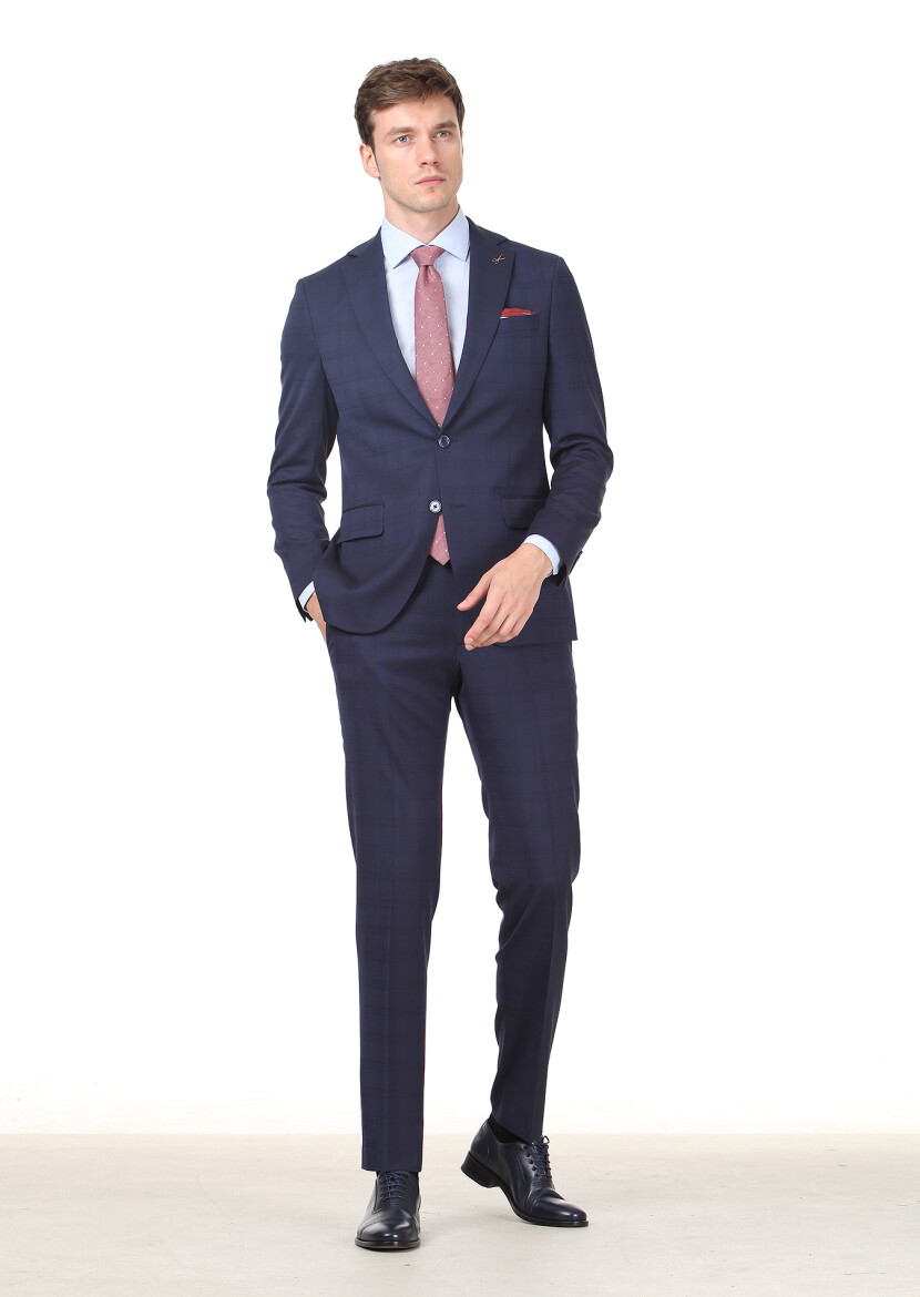 Navy Blue Checkered Modern Fit Wool Blended Suit - 3