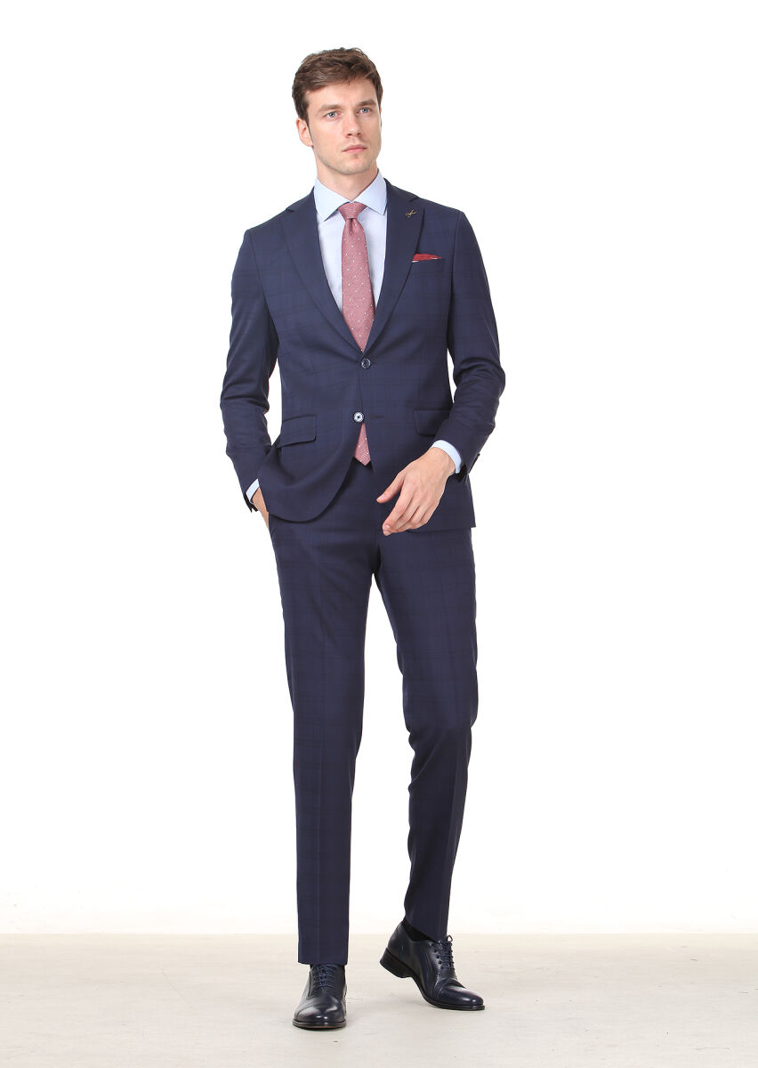 Navy Blue Checkered Modern Fit Wool Blended Suit - 3