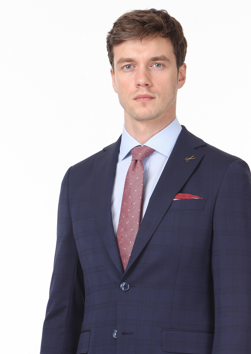 Navy Blue Checkered Modern Fit Wool Blended Suit - 1