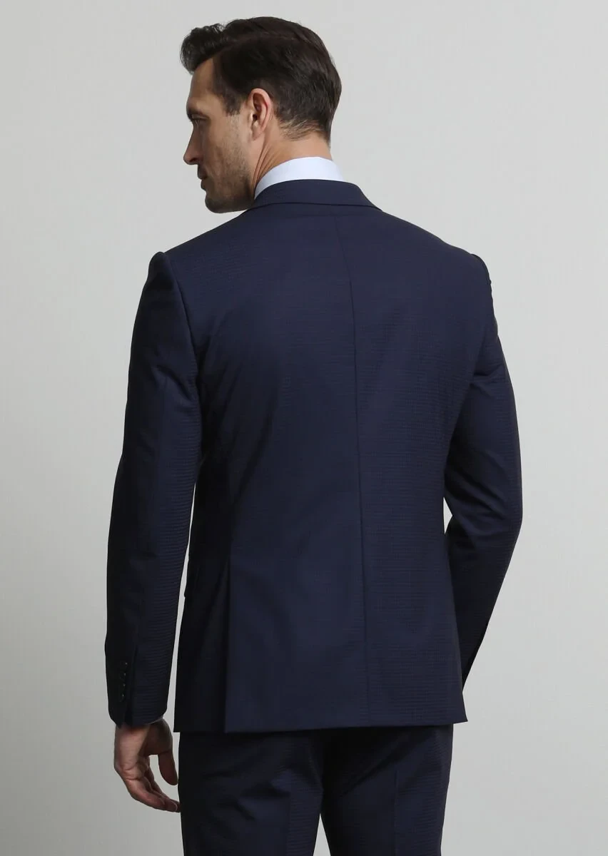 Navy Blue Checkered Modern Fit Wool Blended Suit - 4