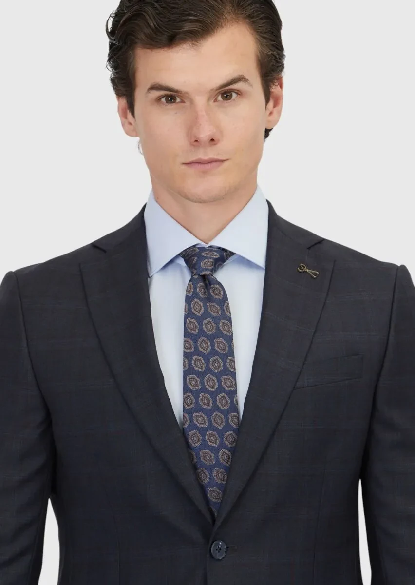Navy Blue Checkered Modern Fit Wool Blended Suit - 3
