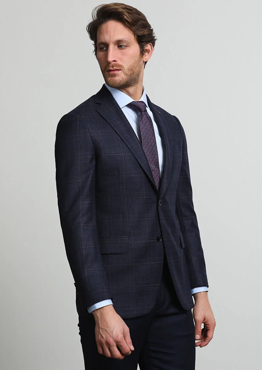 Navy Blue Checkered Regular Fit 100% Wool Jacket - 1