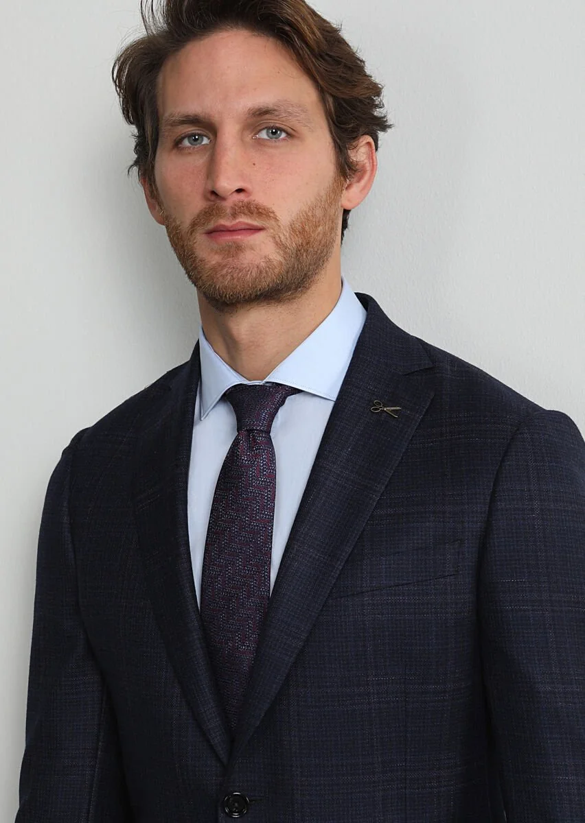 Navy Blue Checkered Regular Fit 100% Wool Jacket - 2