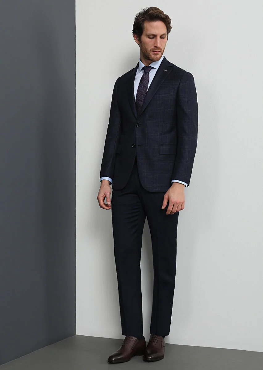 Navy Blue Checkered Regular Fit 100% Wool Jacket - 3