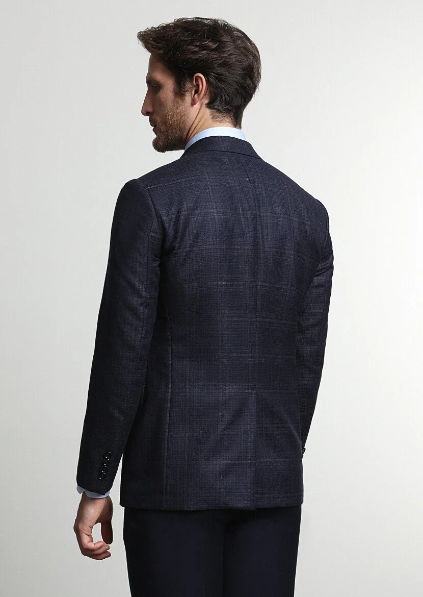 Navy Blue Checkered Regular Fit 100% Wool Jacket - 4