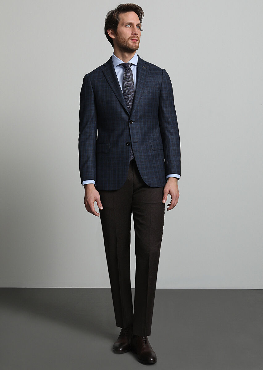 Navy Blue Checkered Regular Fit 100% Wool Jacket - 1