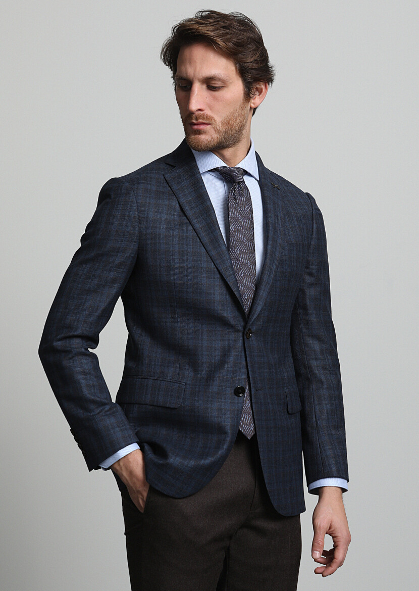 Navy Blue Checkered Regular Fit 100% Wool Jacket - 2