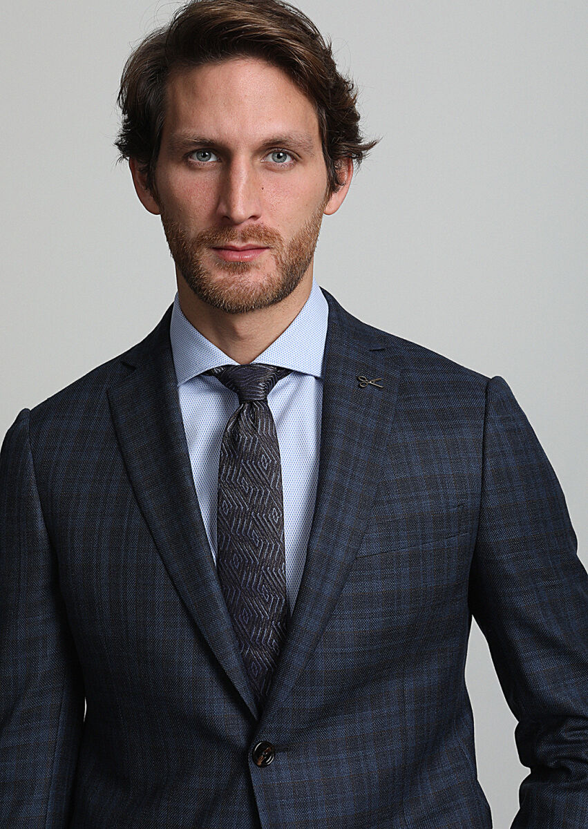 Navy Blue Checkered Regular Fit 100% Wool Jacket - 3