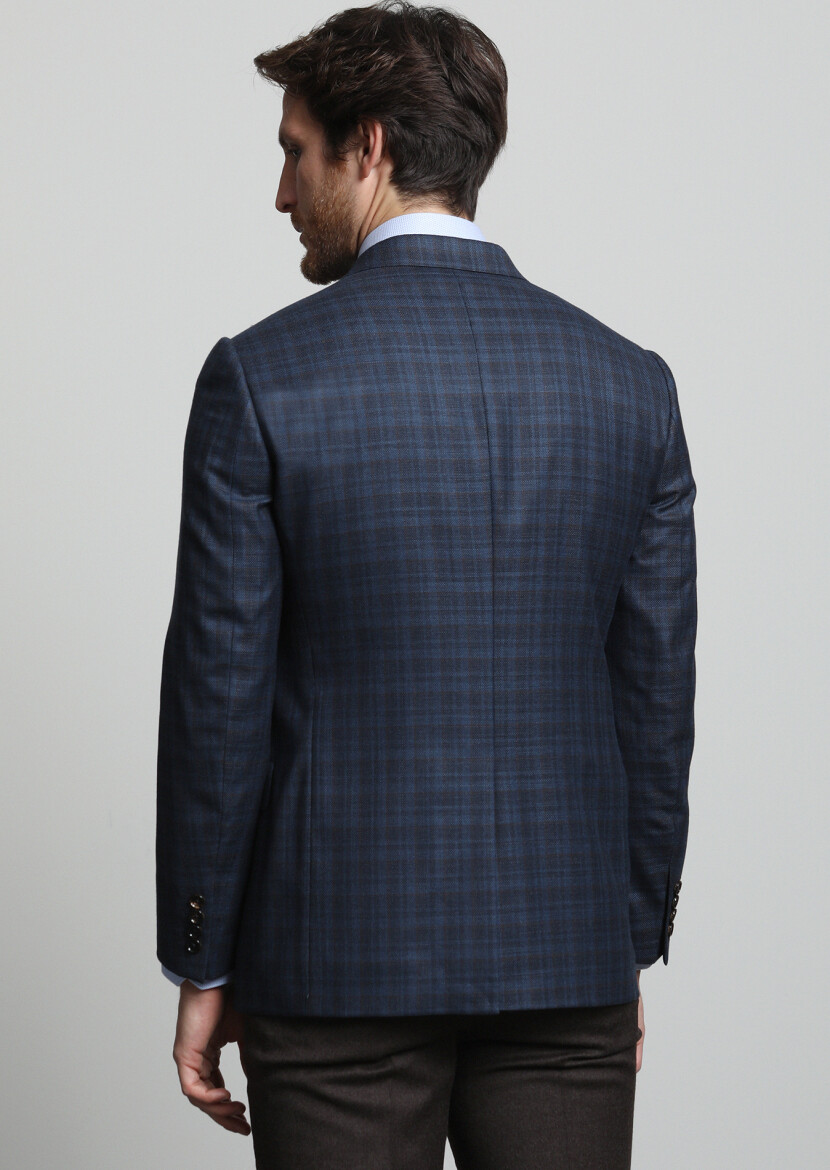 Navy Blue Checkered Regular Fit 100% Wool Jacket - 4