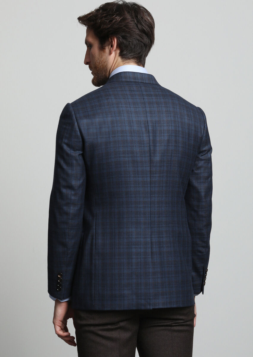 Navy Blue Checkered Regular Fit 100% Wool Jacket - 4