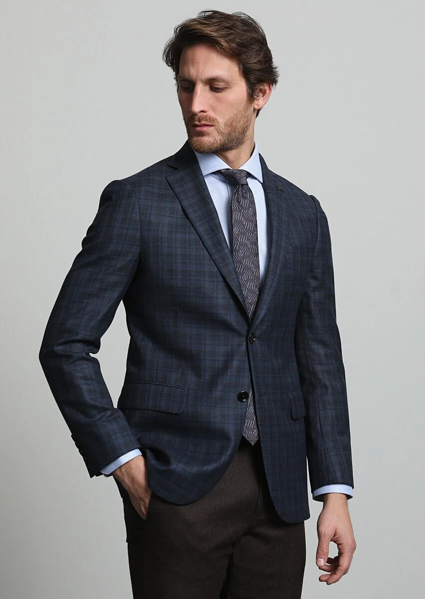 Navy Blue Checkered Regular Fit 100% Wool Jacket - 2