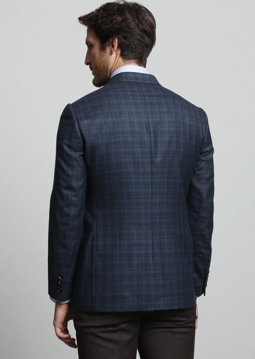 Navy Blue Checkered Regular Fit 100% Wool Jacket - 4