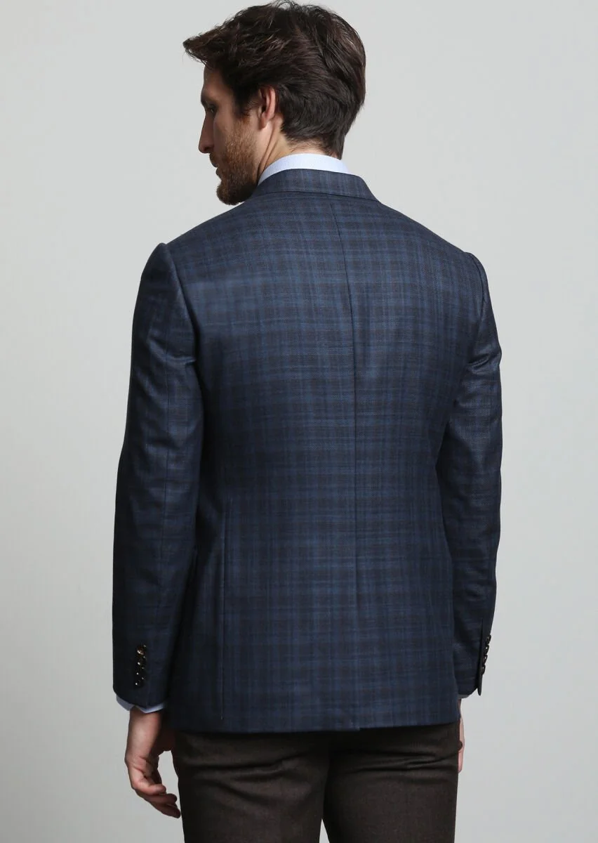 Navy Blue Checkered Regular Fit 100% Wool Jacket - 4
