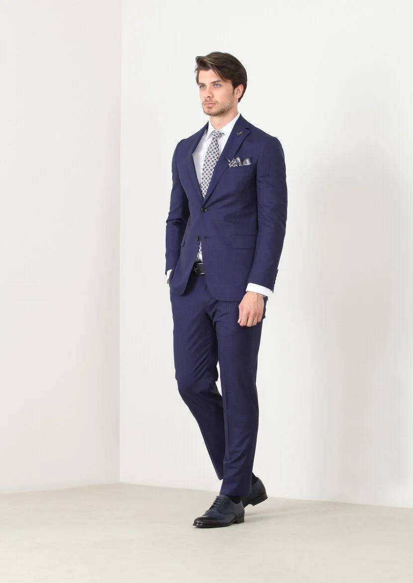 Navy Blue Checkered Regular Fit 100% Wool Suit - 1