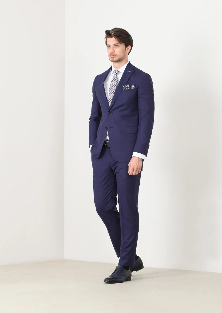 Navy Blue Checkered Regular Fit 100% Wool Suit - 1