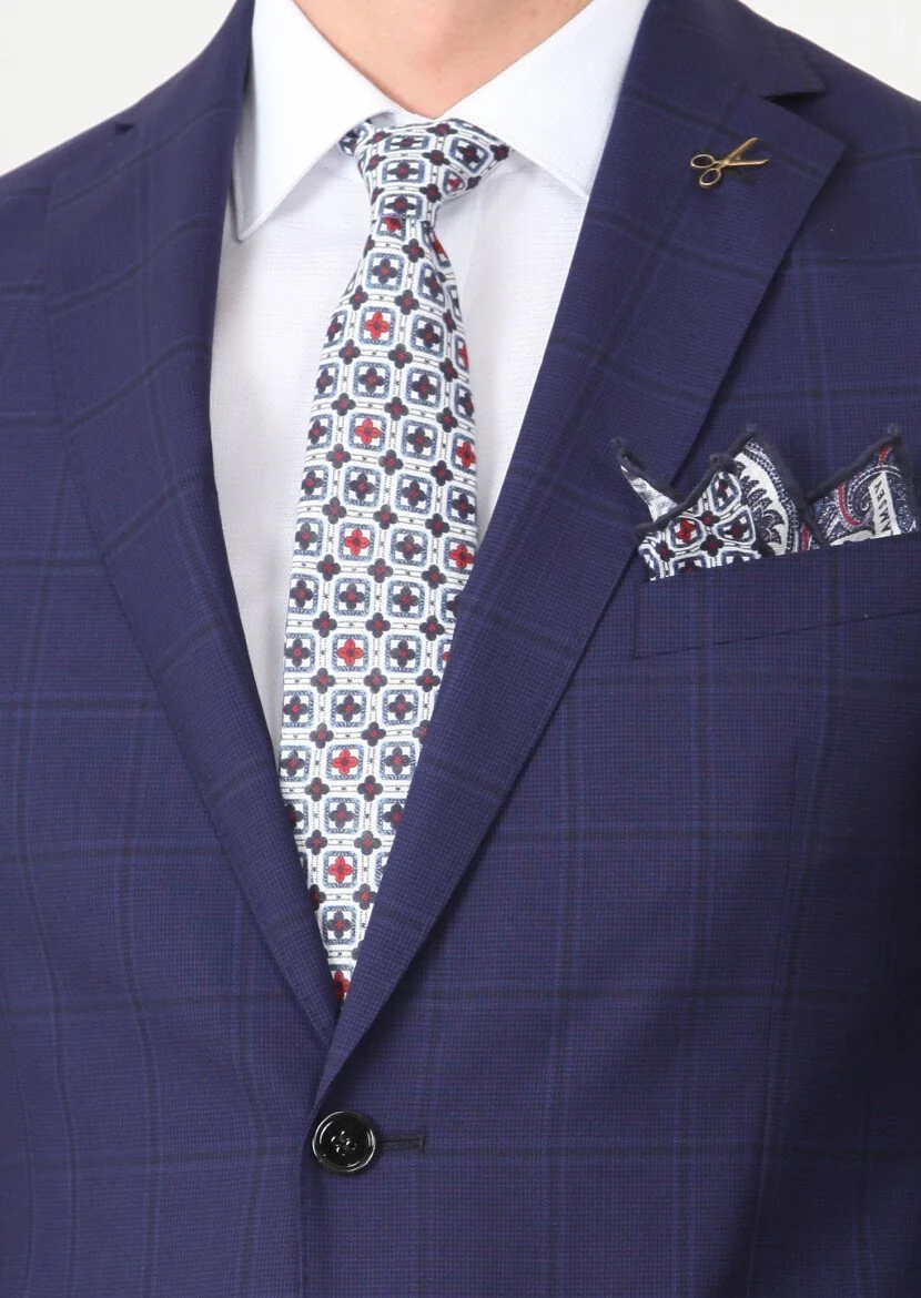 Navy Blue Checkered Regular Fit 100% Wool Suit - 3