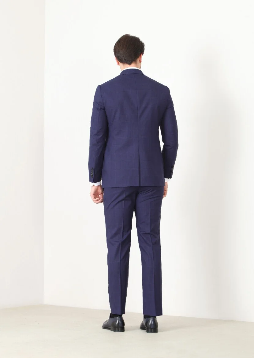 Navy Blue Checkered Regular Fit 100% Wool Suit - 4