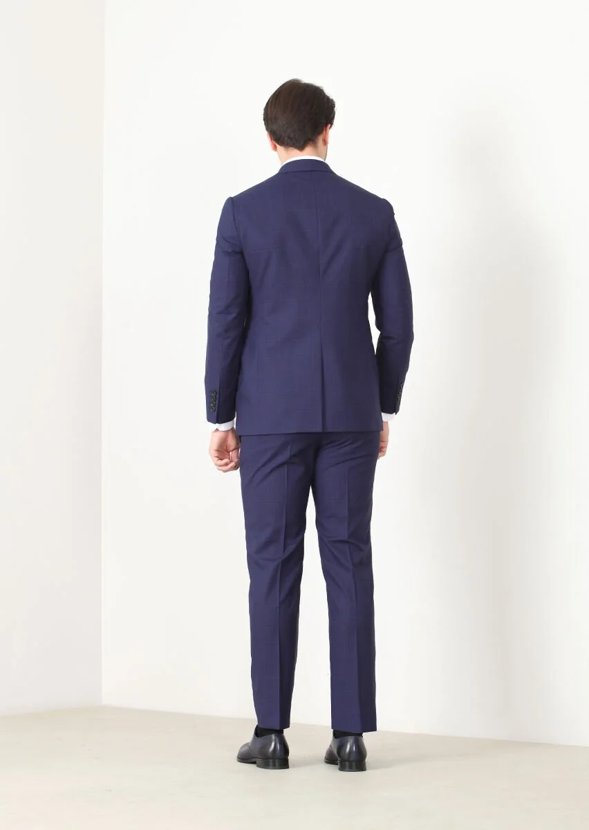 Navy Blue Checkered Regular Fit 100% Wool Suit - 4