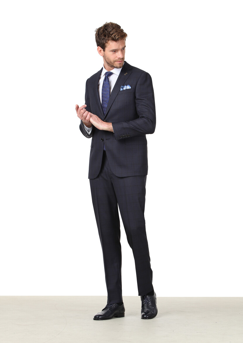 Navy Blue Checkered Regular Fit 100% Wool Suit - 1