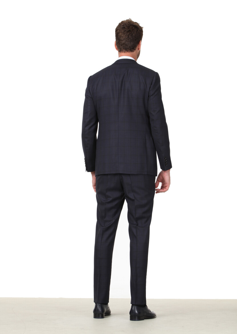 Navy Blue Checkered Regular Fit 100% Wool Suit - 3