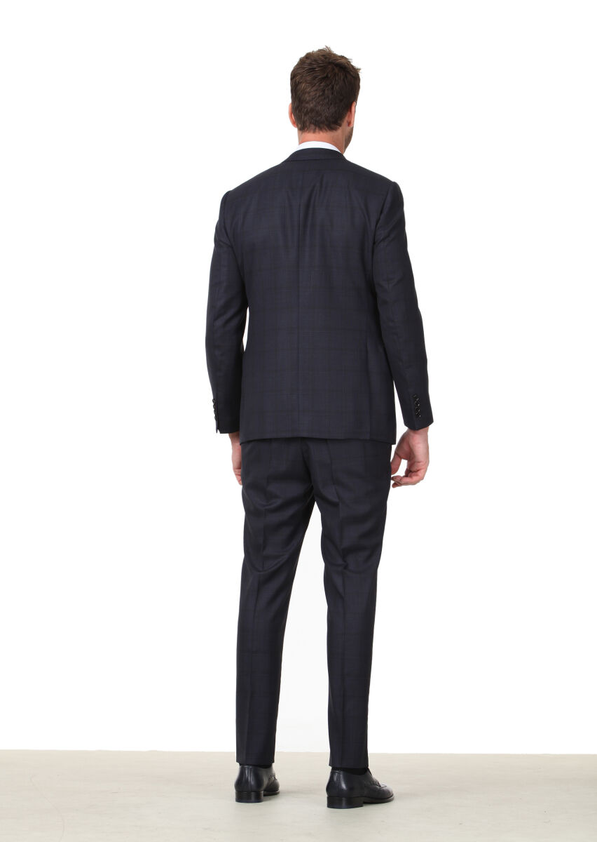 Navy Blue Checkered Regular Fit 100% Wool Suit - 3