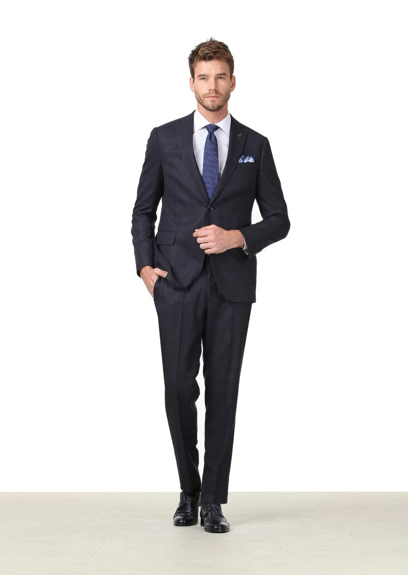 Navy Blue Checkered Regular Fit 100% Wool Suit - 2