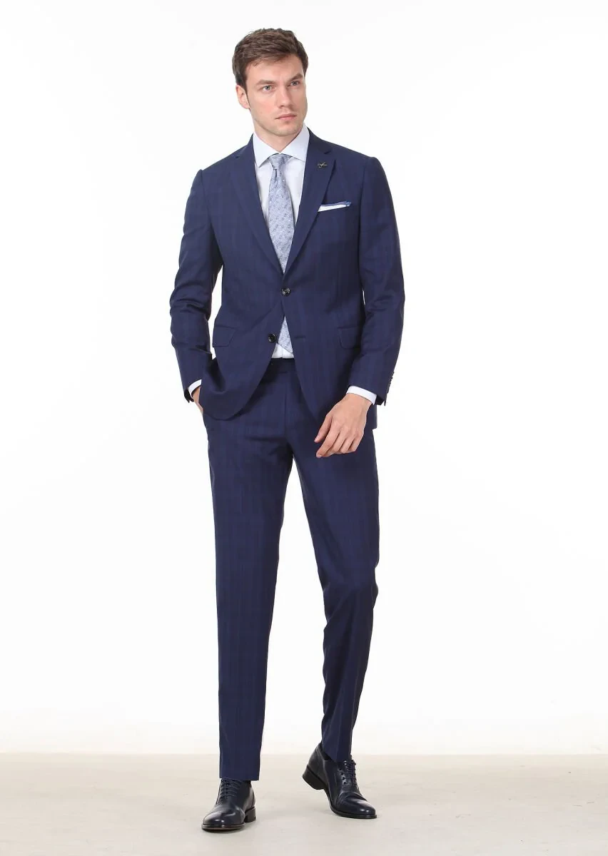 Navy Blue Checkered Regular Fit 100% Wool Suit - 3