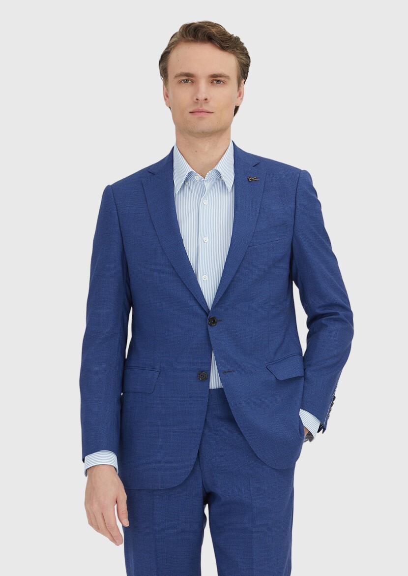 Navy Blue Checkered Regular Fit 100% Wool Suit - 2