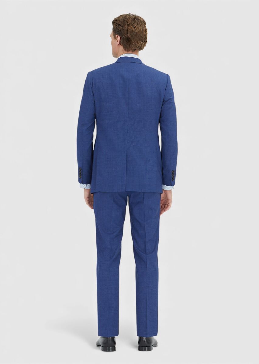 Navy Blue Checkered Regular Fit 100% Wool Suit - 6