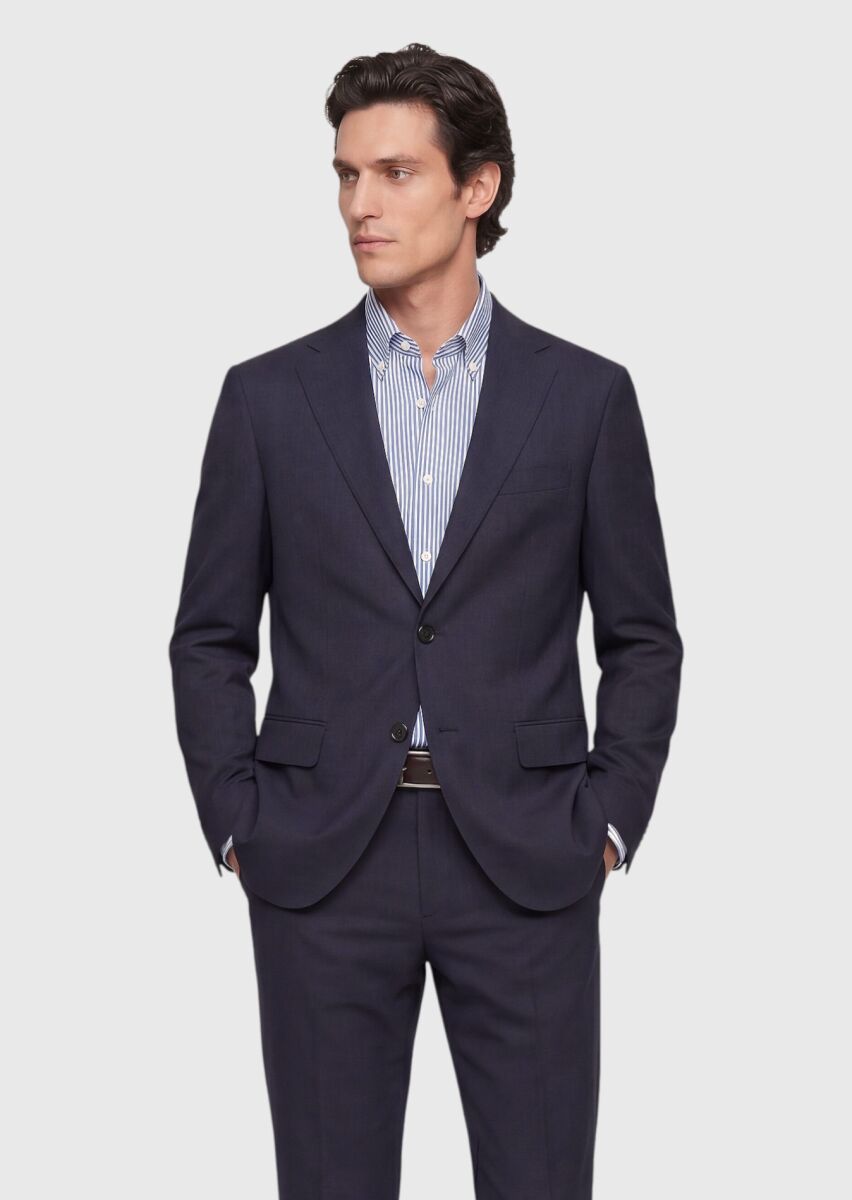 Navy Blue Checkered Regular Fit 100% Wool Suit - 1