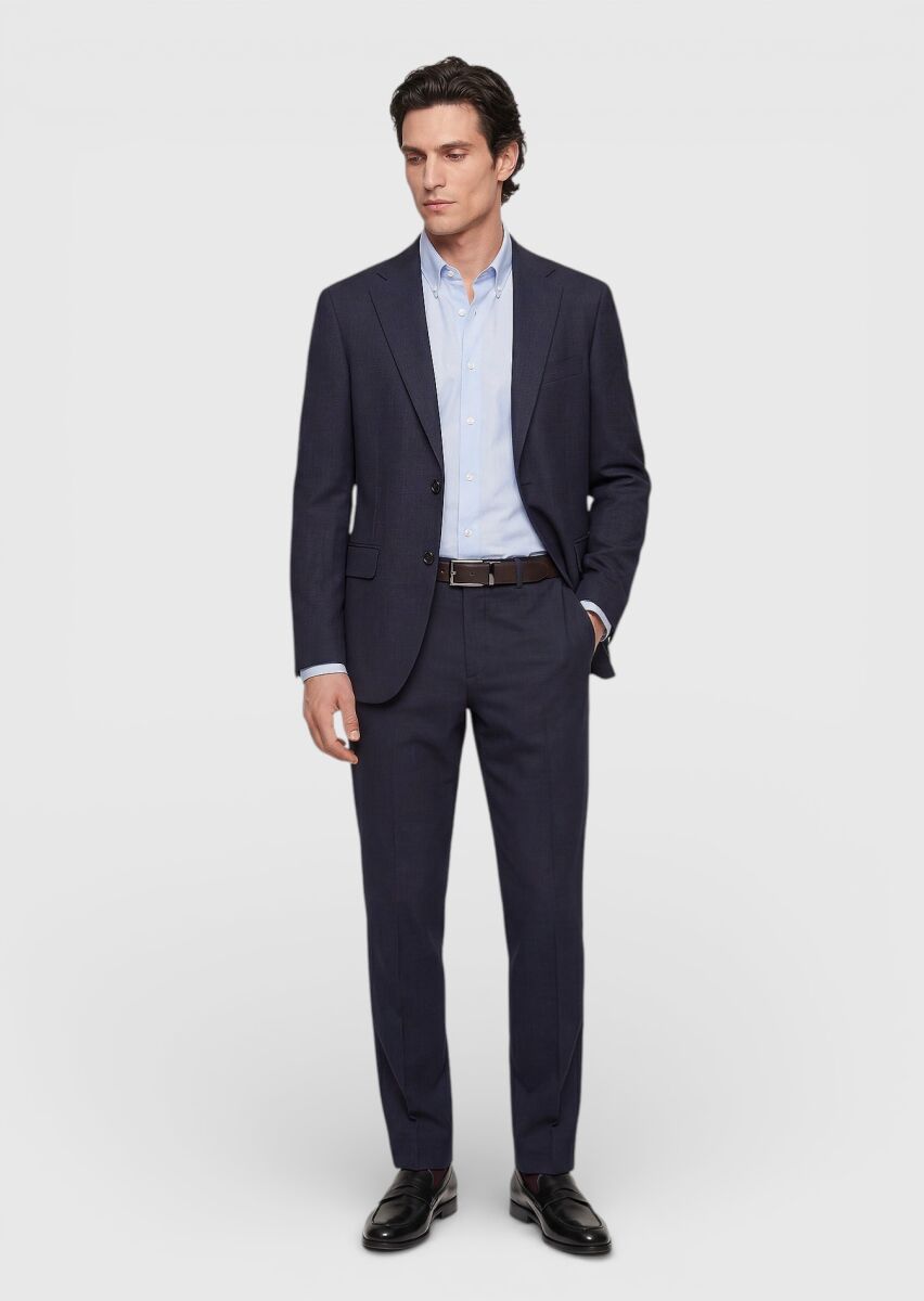Navy Blue Checkered Regular Fit 100% Wool Suit - 2