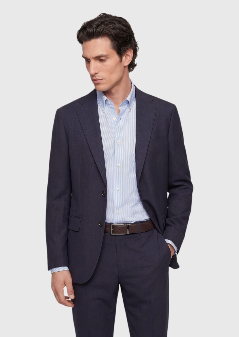 Navy Blue Checkered Regular Fit 100% Wool Suit - 4