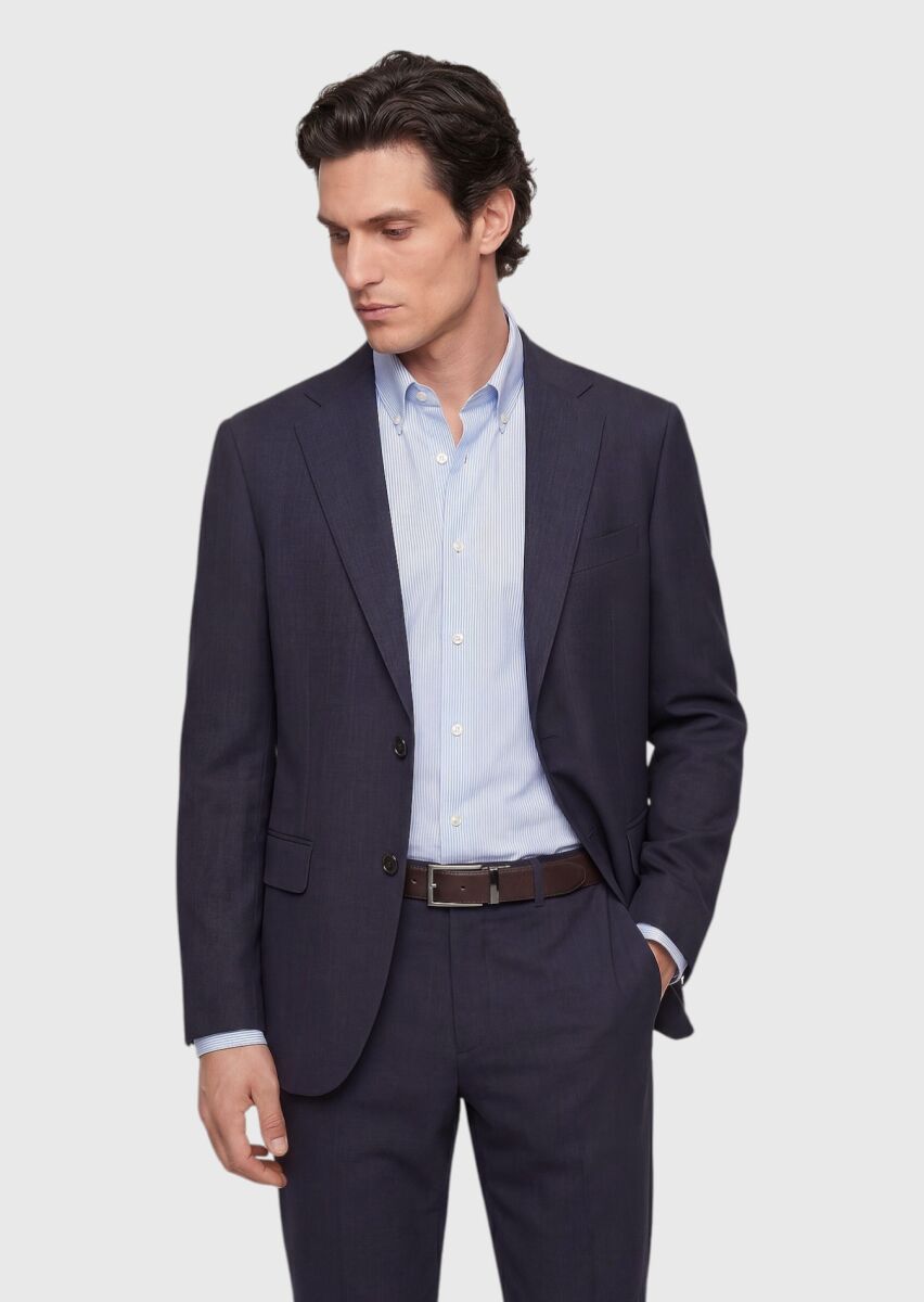 Navy Blue Checkered Regular Fit 100% Wool Suit - 4
