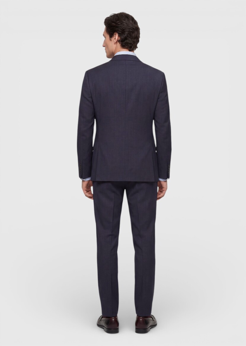 Navy Blue Checkered Regular Fit 100% Wool Suit - 5