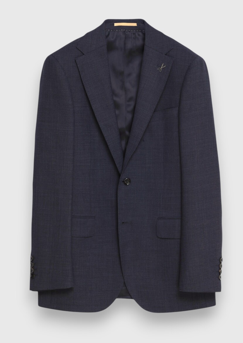 Navy Blue Checkered Regular Fit 100% Wool Suit - 6