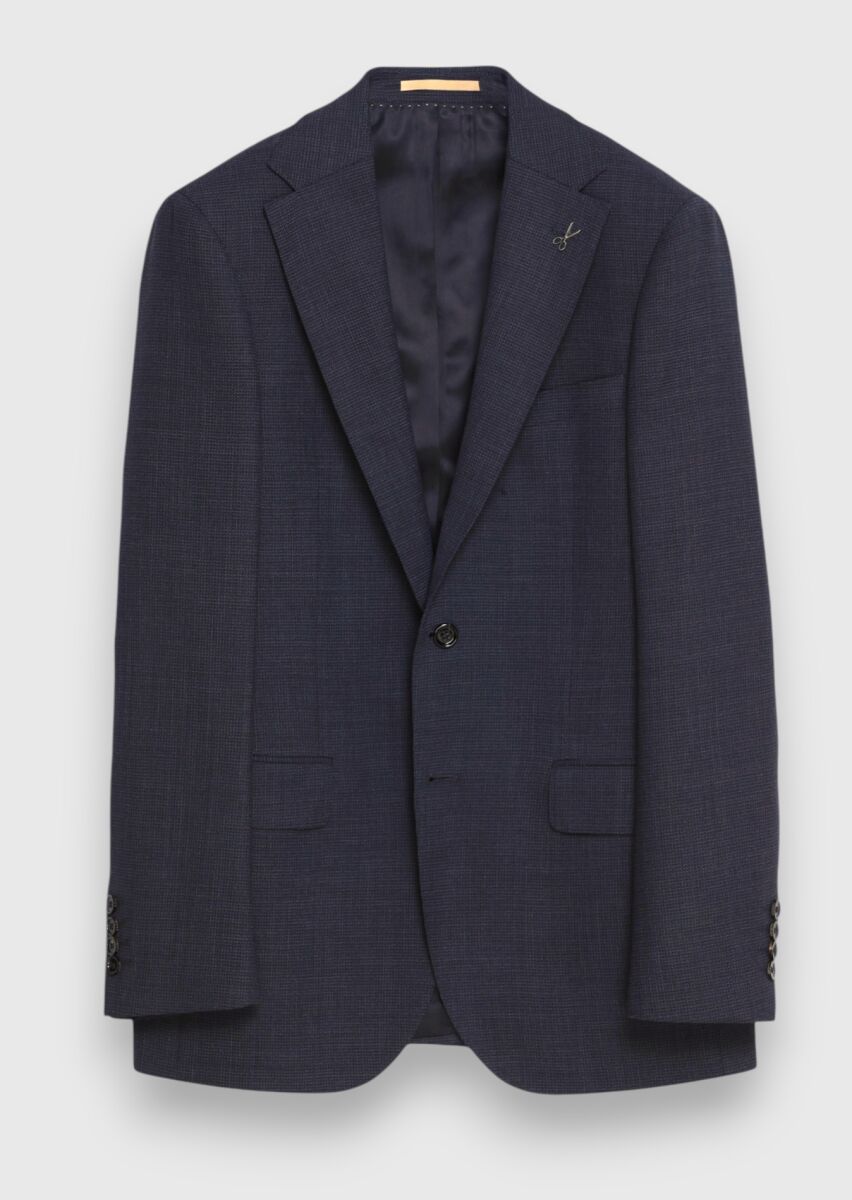 Navy Blue Checkered Regular Fit 100% Wool Suit - 6
