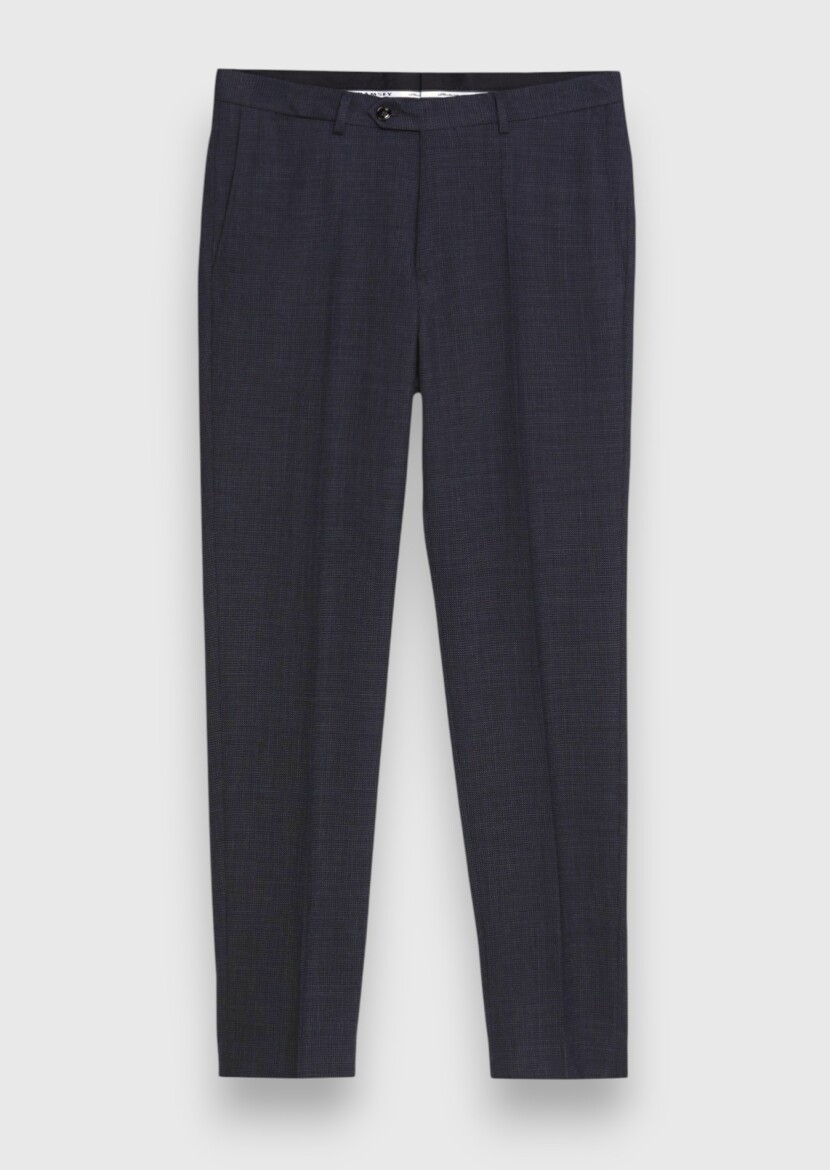 Navy Blue Checkered Regular Fit 100% Wool Suit - 7