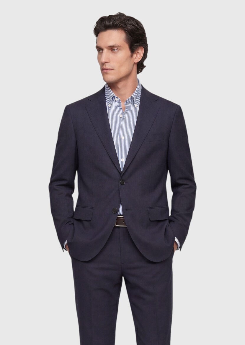 Navy Blue Checkered Regular Fit 100% Wool Suit - RAMSEY