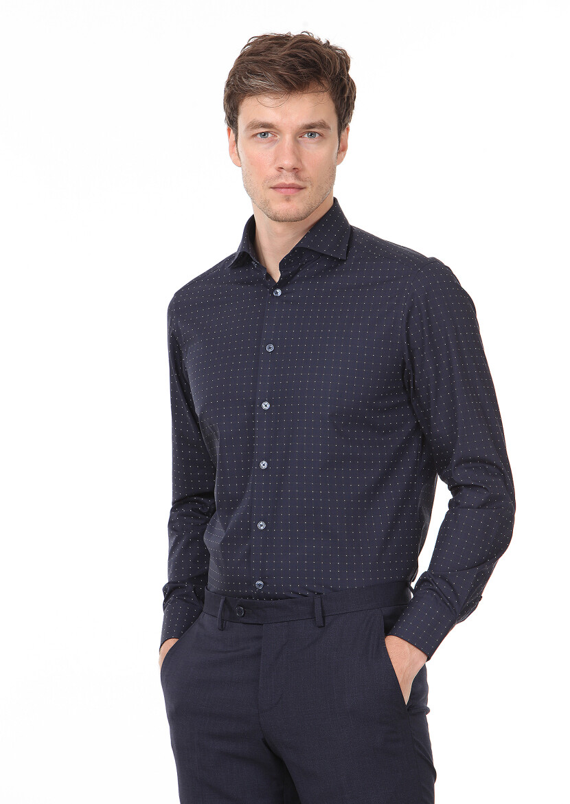 Navy Blue Checkered Regular Fit Long Weaving Classical 100% Cotton Shirt - 3