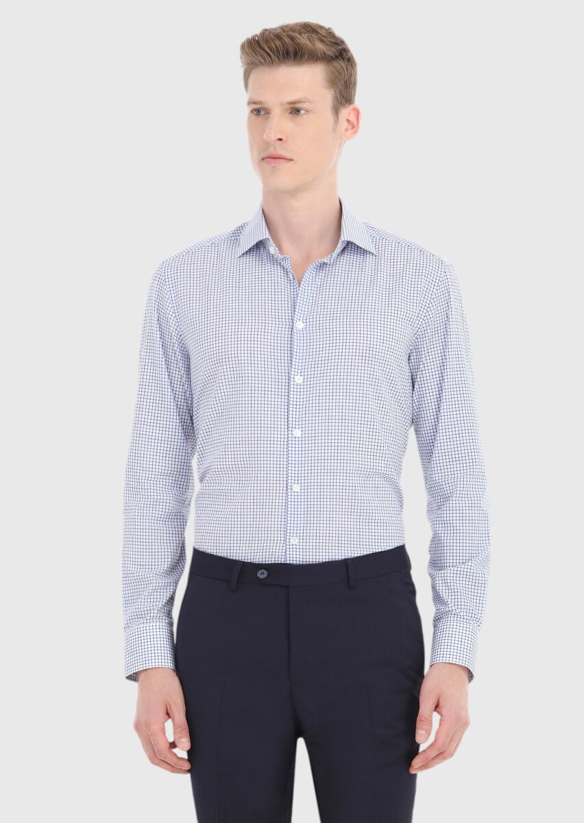 Navy Blue Checkered Regular Fit Long Weaving Classical 100% Cotton Shirt - 2