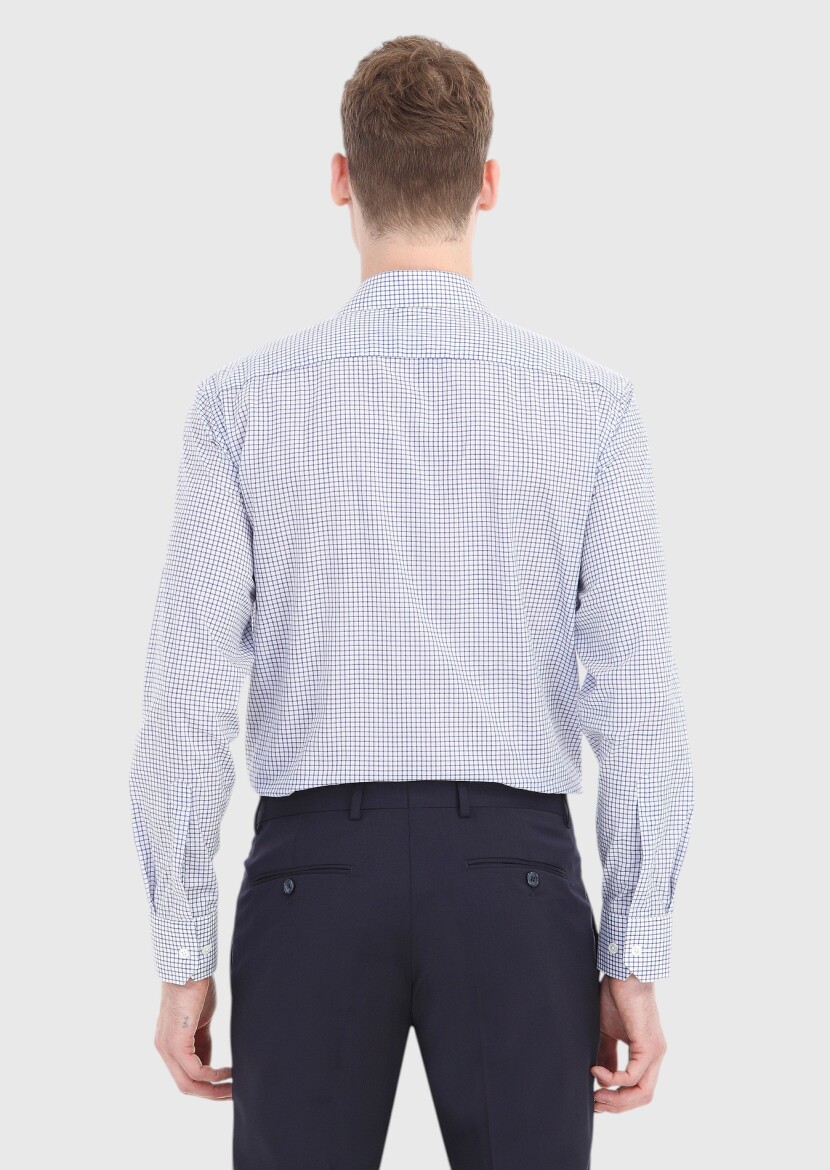 Navy Blue Checkered Regular Fit Long Weaving Classical 100% Cotton Shirt - 4