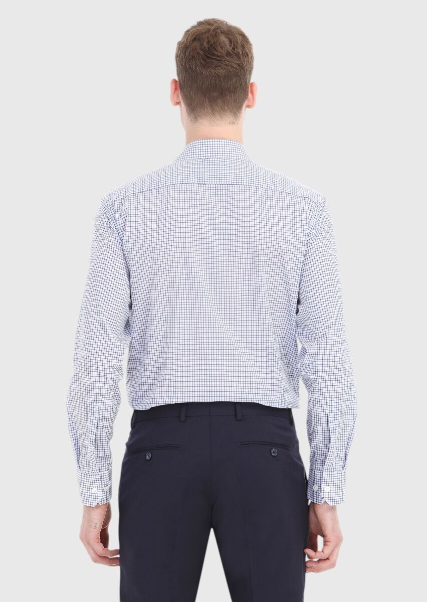 Navy Blue Checkered Regular Fit Long Weaving Classical 100% Cotton Shirt - 4
