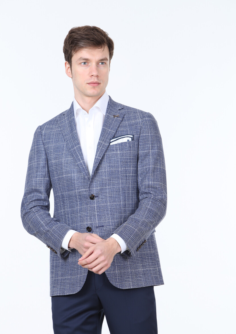 Navy Blue Checkered Regular Fit Silk Blended Jacket - 1