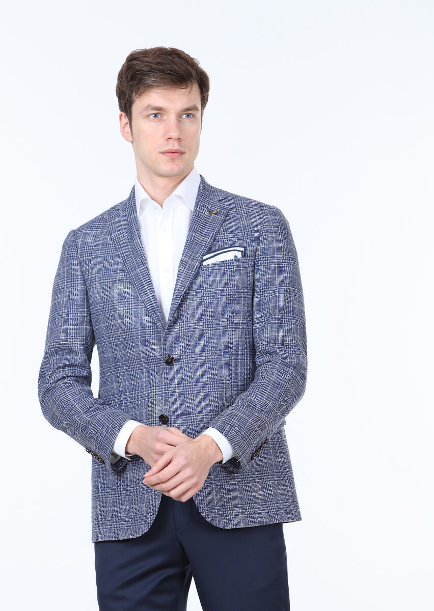 Navy Blue Checkered Regular Fit Silk Blended Jacket - 1