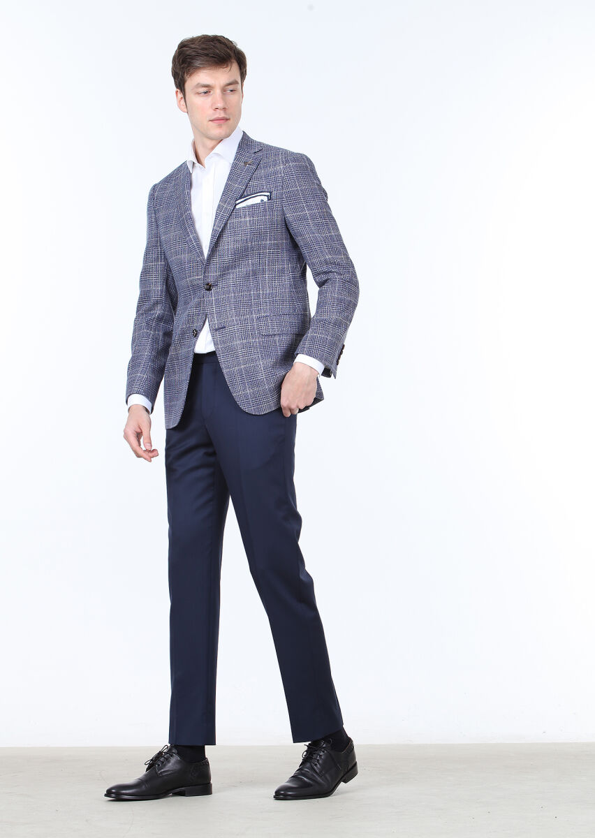Navy Blue Checkered Regular Fit Silk Blended Jacket - 2