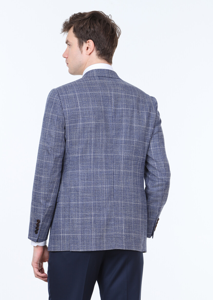 Navy Blue Checkered Regular Fit Silk Blended Jacket - 3