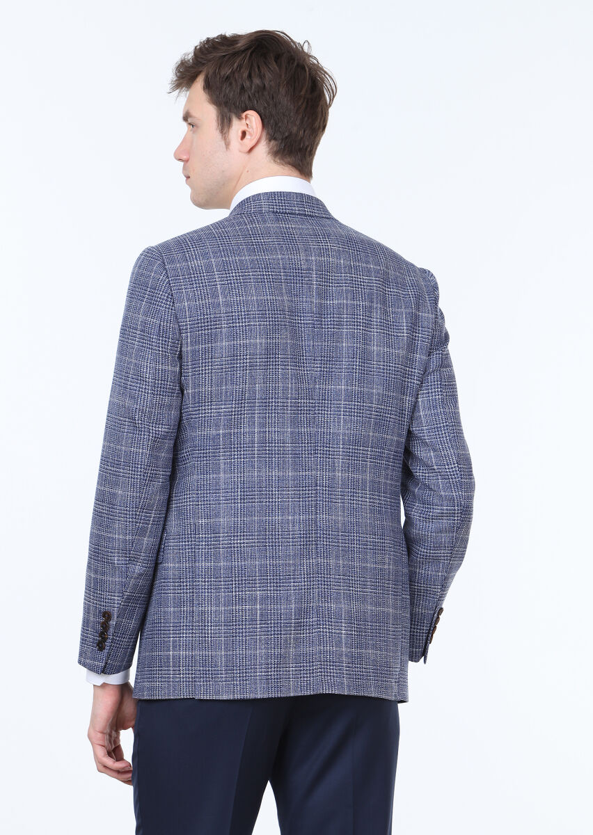 Navy Blue Checkered Regular Fit Silk Blended Jacket - 3